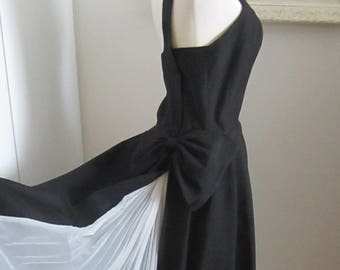 Vintage Designer 50's One Strap Tuxedo Dress with Dramatic Bow White Peek-a-Boo Skirting Detail Prom Formal Wedding Cocktails Retro 50's