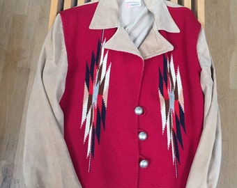 Ganscraft 40's Chimayo Jacket Vintage Woven Wool Corduroy Julius Gans Excelente estado Rare Red Design Larger Size 40s 50s Navajo