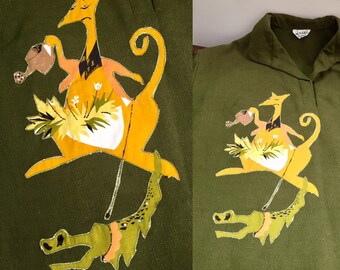 vintage Nouveauté 60s 2 pc Top et Capris Kangourou Marchant un Alligator Strass Designer Malbe Original 1960's Leisure Wear Palm Springs