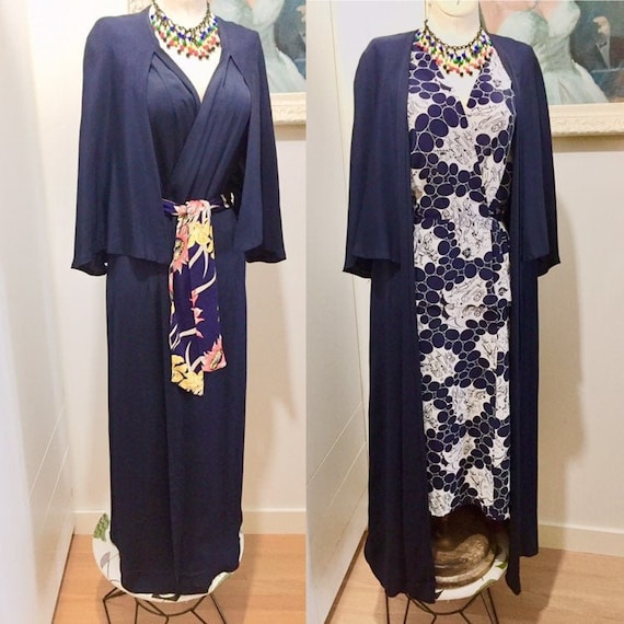 Vintage 30's 40s Cape Coat Dress Dark Blue Rayon B