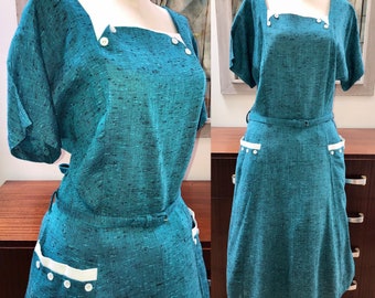 Vintage 50s Tamaño 20 Deadstock Sin usar Volup Flecked Vestido Turquesa Dos Grandes Bolsillos Delanteros XL Tamaño VLV Sundress 34" Cintura 1950's