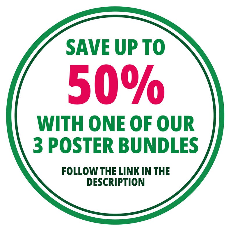 K&ouml;nnte beinhalten: Gr&uuml;ner und wei&szlig;er Kreis mit dem Text "SAVE UP TO 50% WITH ONE OF OUR 3 POSTER BUNDLES FOLLOW THE LINK IN THE DESCRIPTION"