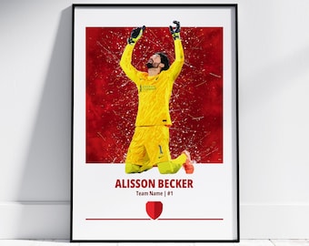 May include: A digital illustration of a soccer player in a yellow jersey with a red background. The player is kneeling with arms raised in celebration. The text "ALISSON BECKER" and "Team Name | #1" is below the player. A red shield is below the text.
