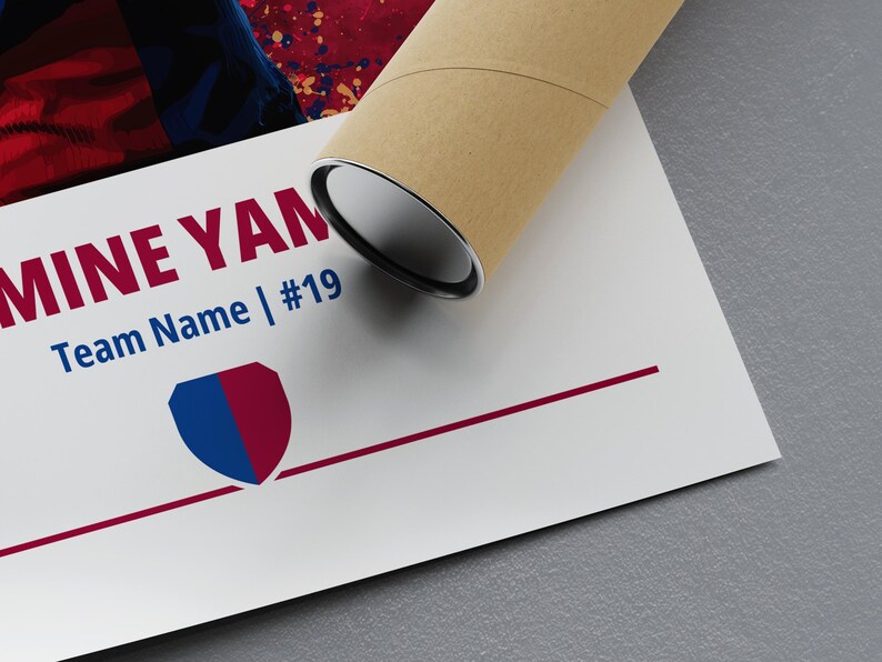 May include: A white poster with the text "MINE YAM" in red and "Team Name | #19" in blue. A blue and maroon shield logo is below the text. The poster is rolled up in a brown cardboard tube.