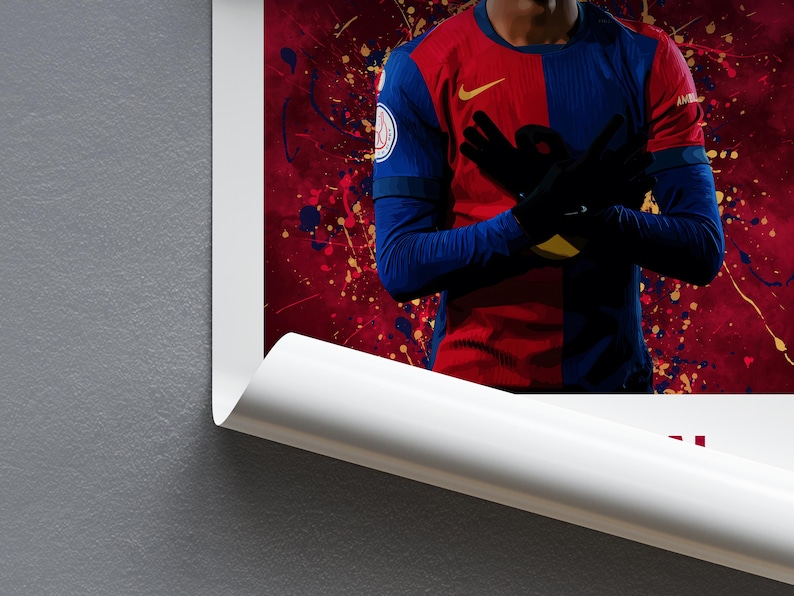 May include: A soccer player wearing a red and blue jersey with a white Nike logo and the number 10 on the chest. The player is standing with their arms crossed and a determined expression on their face. The background is a red and gold abstract design.