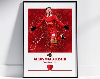 May include: A red and white soccer jersey with a player celebrating a goal. The jersey has the team's logo and the player's number 10. The player's name is Alexis Mac Allister. The background is a red and white abstract design.