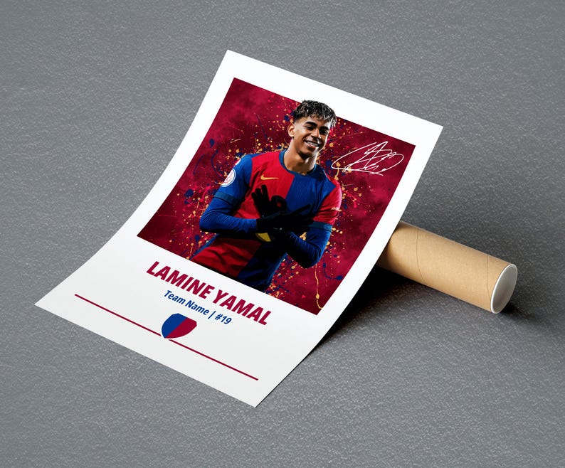 May include: A white poster with a red, yellow, and blue background featuring a soccer player wearing a red and blue jersey with the number 19. The poster reads "Lamina Yamal Team Name | #19".