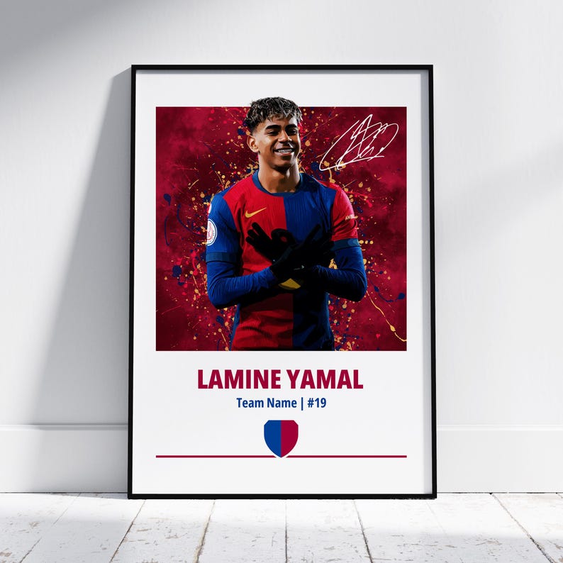 May include: A digital art print featuring a soccer player in a red and blue jersey with a red and blue team logo. The player is standing with his arms crossed and has a determined expression on his face. The background is a red and blue abstract design. The print includes the player's name, "LAMINE YAMAL", and the team name and number, "Team Name | #19".