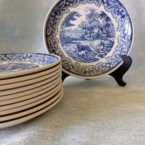 Set of 11 Vintage Staffordshire England Blue White Transferware Plates | Biltons Style Oak Leaf Acorn Border | Pastoral Farmhouse Scene | 23