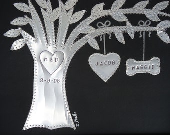 Anniversary Gift, 10 Year Wedding, Aluminum, Customized Wedding Gift, Tin Gift, Hearts, Family Tree, Personalized Dates and Names Stamped