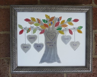 10 Year Anniversary, Tin Anniversary Gift, Wedding Gift, Hearts, Family Tree, Stamped Date and Names, Customized,  Aluminum Family Tree