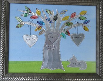 10 Year Wedding Anniversary Tin Anniversary Gift Hearts Family Tree Personalized Customized Dates and Names Stamped