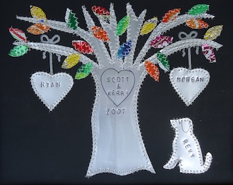 10 Year Wedding Anniversary, Ten Anniversary Gift, Hearts,  Family Tree, Personalized  Dates and Names Stamped,  Hearts,  Customized Tree