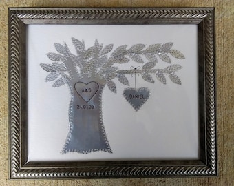 Tin Gift 10 Year Anniversary,  Aluminum, Family Tree,  Tin Gift,  Hearts,  Family Tree,  Personalized, Customized Dates and Names Stamped