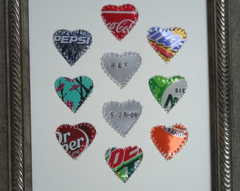 10 Year Anniversary Gift,   10 Hearts,   8 x 10 Soda Can Collage, 10 Year Wedding Anniversary,  10 Recycled Aluminum Hearts, Stamped Hearts