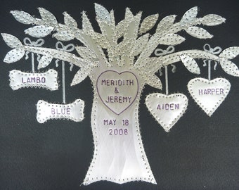 10 Year Anniversary,  Tin Anniversary Gift,  Wedding, Hearts, Family Tree,  Stamped Dates and Names Customized Family Tree - Aluminum Hearts