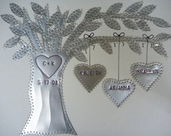 Cadeau d'anniversaire de 10 ans, cadeau d'anniversaire en étain, anniversaire, arbre généalogique, noms personnalisés et date de mariage estampée, anniversaire en aluminium