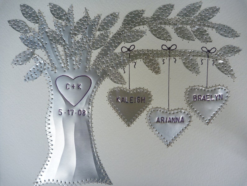 10 Year Anniversary Gift, Tin Anniversary Gift, Anniversary, Family Tree, Personalized Names and Wedding Date Stamped, Aluminum Anniversary image 1