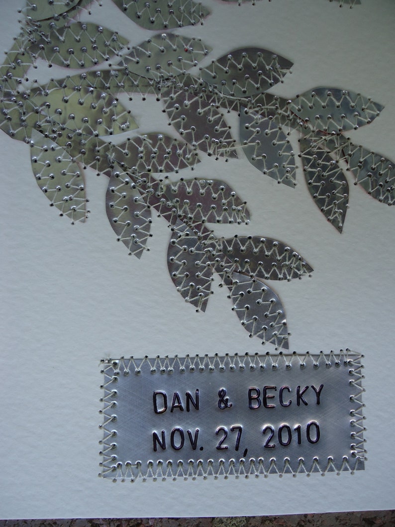 10 Year Wedding Anniversary, Tin Art, Aluminum Leaves, Engagement Gift, Personalized Couples Names and Wedding Date Tin Anniversary image 2