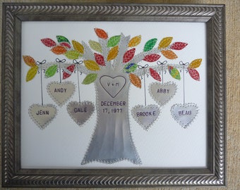Puede incluir: Una pieza de arte de metal enmarcada que representa un árbol con hojas de colores y corazones colgando de las ramas. Los corazones están etiquetados con nombres, incluyendo Jenn, Dale, Andy, Abby, Brooke y Beau. El corazón central está etiquetado con V+M y diciembre 17, 1977.