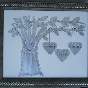 Puede incluir: Una imagen enmarcada en metal plateado con un fondo blanco que presenta un &aacute;rbol con corazones colgando de las ramas. El tronco del &aacute;rbol tiene las iniciales "R+K" y la fecha "4-28-07" inscritas. Los corazones tienen los nombres "Hayden", "Owen" y "Kendall" inscritos.