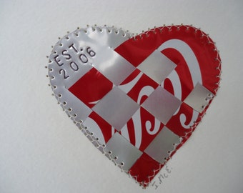 10 year Anniversary, Tin Anniversary, Wedding Year, HEART, Collage, Woven Heart, Wedding Gift, Mixed Media, Stamped Love,  Soda Can, Tin Art