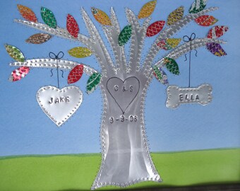 Tin Anniversary Gift - 10 Year Anniversary Wedding Gift - Hearts - Family Tree Personalized Engraved Dates and Names Stamped
