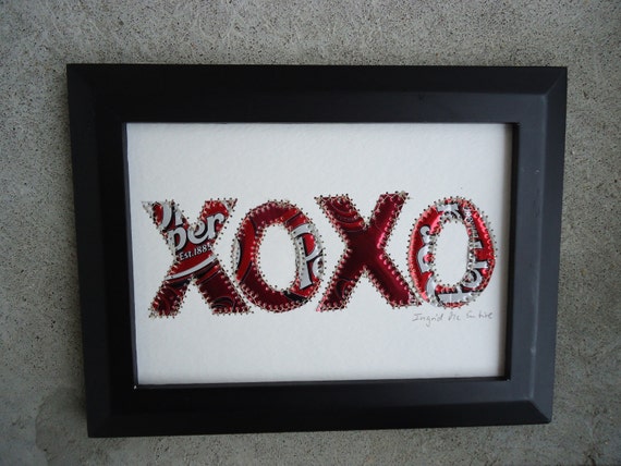 Bridemaids gift, Engagement Gift, Dr. Pepper, Hugs and Kisses,  XOXO, Best Friends Gift, Aluminum Art, Recycled Soda Can Art,  Eco Friendly