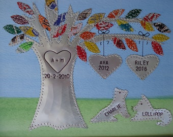 10 Year Anniversary Wedding Gift, Aluminum, Ten Year Gift,  Personalized Gift, Family Tree, Wedding, 10th Year Gift, Dates and Names Stamped