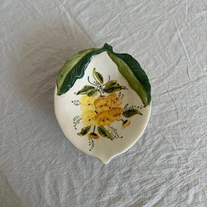Vintage Ceramic Handmade in Italy Lemon Shaped Pottery Bowl with Green Leaves and Yellow Floral Design Vintage Kitchen Decor