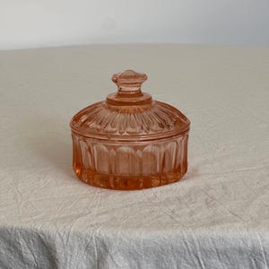 Vintage Depression Glass Salmon Pink Trinket Dish with Lid Vintage Pressed Glass Vanity Box with Lid Vintage Home Decor Collectible Glass