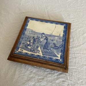 Antique French Tile Trivet in Wooden Frame Blue&White Delft Tile Trivet Blue Tranferware Antique Kitchen Decor