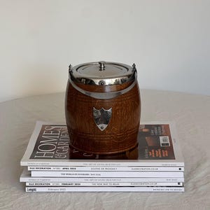 Antique Wooden Biscuit Barrel with Ceramic Insert and Metal Top Vintage Cookie Jar Vintage Wooden Midcentury Ice Bucket