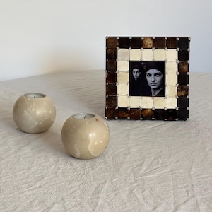Pair of Heavy Vintage Cream Ball Shaped Alabaster Candle Holders Vintage Alabaster Tealight Holders Beige Midcentury Candleholders