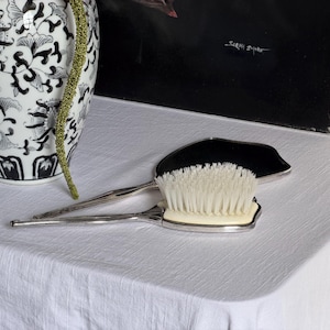 May include: A silver-toned hairbrush with white bristles and a matching silver-toned hand mirror with a black reflective surface. The items are positioned near a white and black patterned ceramic vase with a green decorative stem.