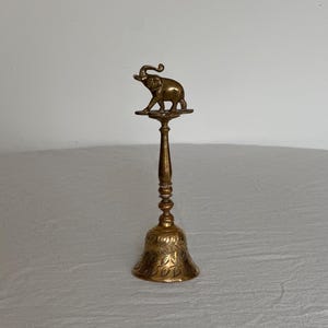 Vintage Hand Carved Brass Hand Bell with Elephant Finial Decorative Bell Brass Restaurant Bell Ritual Bell Hotel Bell Collectible Brass
