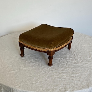 Antique Olive Green Velvet Wooden Stool Khaki Ottoman Vintage Green Wooden Accent Footstool Antique Furniture Vintage Victorian Home Decor