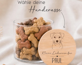 Leckerchen Aufbewahrung | Graviertes und personalisiertes Leckerli Glas für deinen Hund | Name & Wunschrasse |  | wählbare Hunderasse