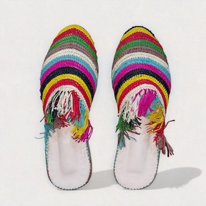 Rainbow Raffia Slippers – Handmade Moroccan Colorful Flats, Boho Summer Sandals, Festival Woven Shoes, Multicolor Babouche