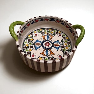 Handcrafted Moroccan Ceramic Serving Bowl – Round Dish with Handles, Boho Tableware, Oven-Safe Tagine Bowl , Boho Kitchen Decor