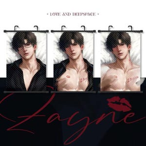 May include: Three wall scrolls featuring a male figure with dark hair and a black shirt. The scrolls have the text "- LOVE AND DEEPSPACE -" at the top. The word "Zayne" is written in red script at the bottom.