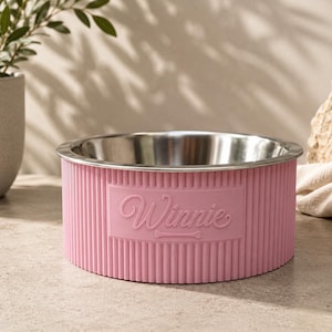 Pode incluir: Uma tigela redonda para animais de estimação com exterior rosa canelado e interior em aço inoxidável. A frente apresenta um painel retangular com o nome Winnie em relevo em letra cursiva acima de um pequeno gráfico de osso.