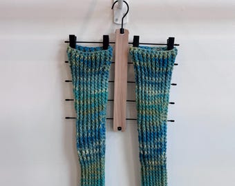 Hand crocheted, over the knee stirrup leg warmers
