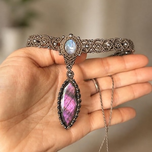 Handmade macrame necklace / Purple labradorite and moonstone macrame choker /boho chic jewelry