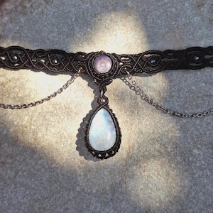 månsten och stjärnrubin makraméhalsband med kedja i rostfritt stål/bohemiska smycken/makraméhalsband/hippie/festival