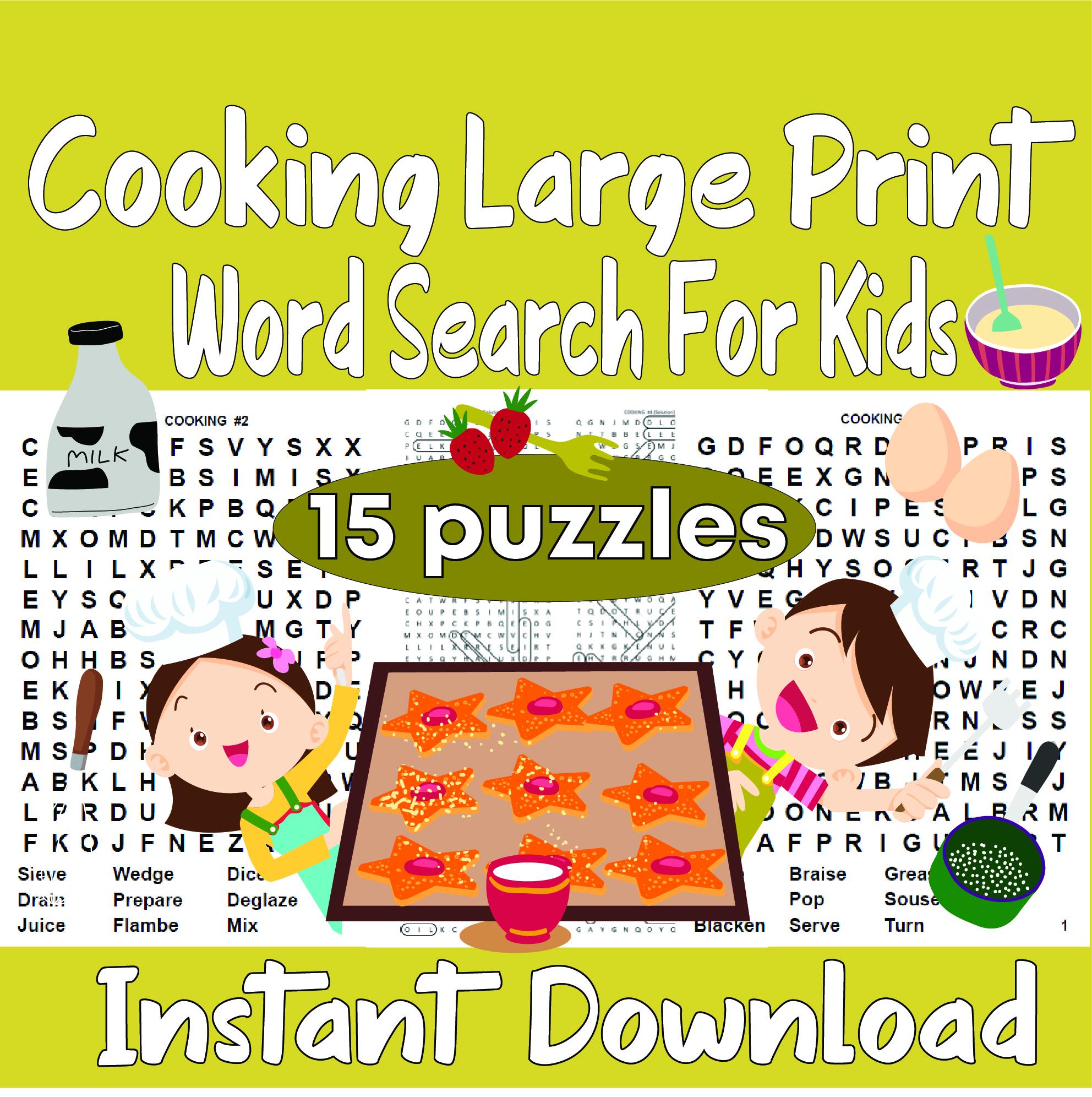 Sopa de letras de cocina: 15 rompecabezas con letras grandes para niños ...