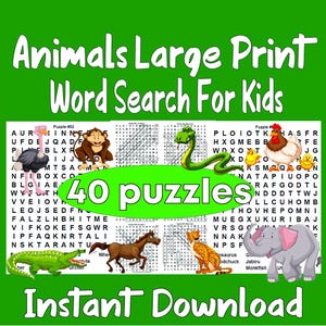 Animals Large Print Word Search For Kids :  Word search printable with solutions,Instant Download,Zoo Animal word search