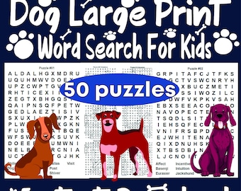 Woordzoeker honden: 50 grootletterpuzzels voor kinderen (digitale download)