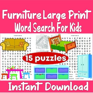 Furniture Large Print Word Search For Kids: Activities Classroom, Printable Puzzles for Kids, Instant Download PDF, Homeschool Worksheets