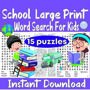 School Large Print Word Search For Kids: Activities Classroom, Printable Puzzles for Kids, Instant Download PDF, Homeschool Worksheets